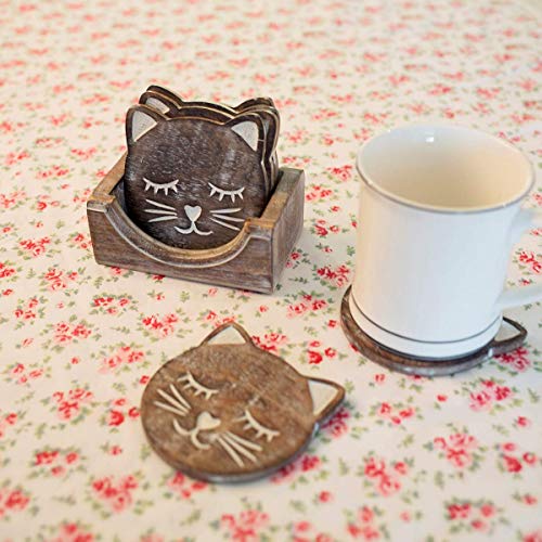 NIRMAN Wooden Crafted Unique Adorable Cat Shaped Coasters Set of 6 with Holder, Bar Dining Table Home Décor