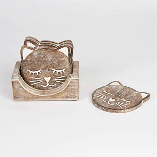 NIRMAN Wooden Crafted Unique Adorable Cat Shaped Coasters Set of 6 with Holder, Bar Dining Table Home Décor