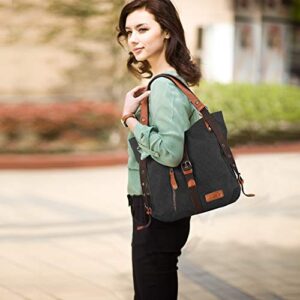 SHANGRI-LA Tote Purse Canvas shoulder Bag Handbag for Women Casual School Boho Hobo Bag Rucksack Convertible Backpack - Black