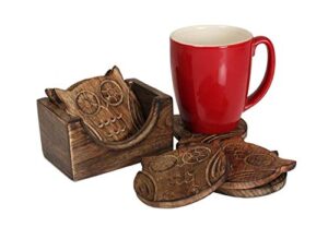 nirman wooden crafted coaster set of 6 with coasters holder for drink bar coaster tea coffee mug tabletop barware drink handmade dining home decor (owl shape)