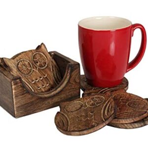 NIRMAN Wooden Crafted Coaster Set of 6 with Coasters Holder for Drink Bar Coaster Tea Coffee Mug Tabletop Barware Drink Handmade Dining Home Decor (Owl Shape)