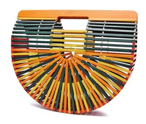 fashion bamboo handbag handmade woven beach bag for womens (multi-colored)