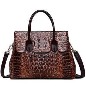 women satchel handbags top-handle bags fuax leather embossed crocodile pattern shoulder bag, brown, large