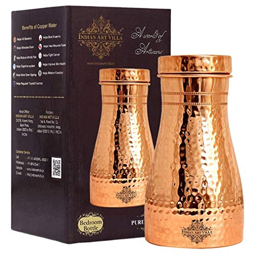 Indian Art Villa Pure Copper Bedroom Water Bottle With Inbuilt Glass & Hammered Shine Design, Drinkware, Storage Purpose, Volume-37 Oz