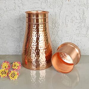 Indian Art Villa Pure Copper Bedroom Water Bottle With Inbuilt Glass & Hammered Shine Design, Drinkware, Storage Purpose, Volume-37 Oz