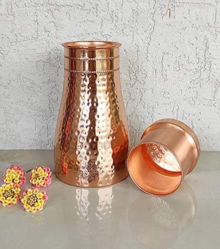 Indian Art Villa Pure Copper Bedroom Water Bottle With Inbuilt Glass & Hammered Shine Design, Drinkware, Storage Purpose, Volume-37 Oz