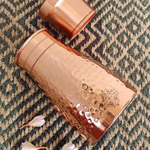 Indian Art Villa Pure Copper Bedroom Water Bottle With Inbuilt Glass & Hammered Shine Design, Drinkware, Storage Purpose, Volume-37 Oz