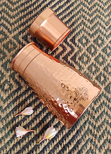 Indian Art Villa Pure Copper Bedroom Water Bottle With Inbuilt Glass & Hammered Shine Design, Drinkware, Storage Purpose, Volume-37 Oz