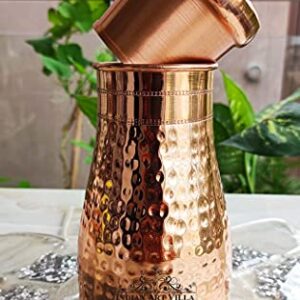 Indian Art Villa Pure Copper Bedroom Water Bottle With Inbuilt Glass & Hammered Shine Design, Drinkware, Storage Purpose, Volume-37 Oz