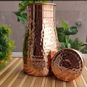 Indian Art Villa Pure Copper Bedroom Water Bottle With Inbuilt Glass & Hammered Shine Design, Drinkware, Storage Purpose, Volume-37 Oz