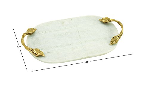 Deco 79 Marble Oval Tray with Gold Twisted Leaf Handles, 20" x 10" x 2", White