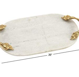 Deco 79 Marble Oval Tray with Gold Twisted Leaf Handles, 20" x 10" x 2", White