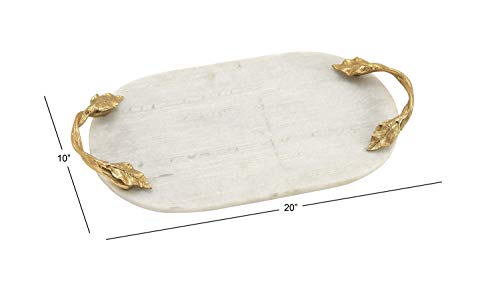 Deco 79 Marble Oval Tray with Gold Twisted Leaf Handles, 20" x 10" x 2", White