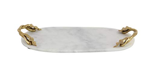 Deco 79 Marble Oval Tray with Gold Twisted Leaf Handles, 20" x 10" x 2", White