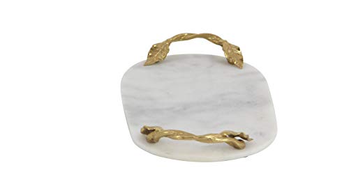 Deco 79 Marble Oval Tray with Gold Twisted Leaf Handles, 20" x 10" x 2", White