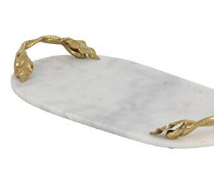 Deco 79 Marble Oval Tray with Gold Twisted Leaf Handles, 20" x 10" x 2", White