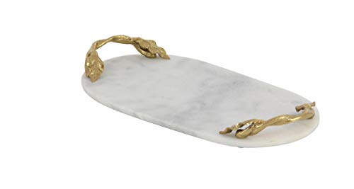 Deco 79 Marble Oval Tray with Gold Twisted Leaf Handles, 20" x 10" x 2", White