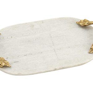 Deco 79 Marble Oval Tray with Gold Twisted Leaf Handles, 20" x 10" x 2", White