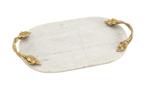 Deco 79 Marble Oval Tray with Gold Twisted Leaf Handles, 20" x 10" x 2", White