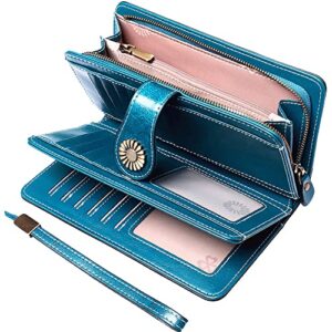 umode large capacity rfid blocking genuine leather wallets for women with wristlet trifold ladies billfold with zipper