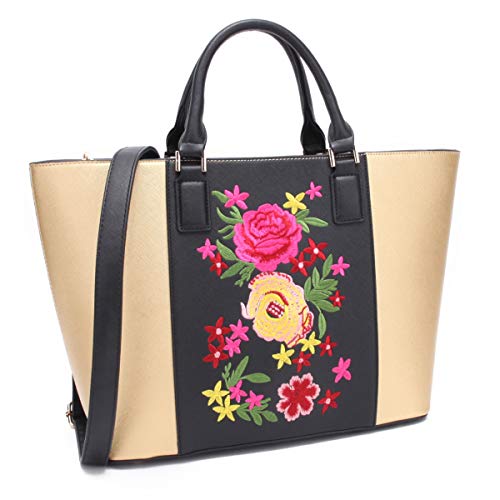 Womens Large Floral Embroidery Tote Handbag Two Tone Top Handle Bag Work Satchel Purse Black/Gold