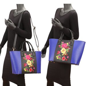 Womens Large Floral Embroidery Tote Handbag Two Tone Top Handle Bag Work Satchel Purse Black/Gold