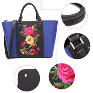 Womens Large Floral Embroidery Tote Handbag Two Tone Top Handle Bag Work Satchel Purse Black/Gold