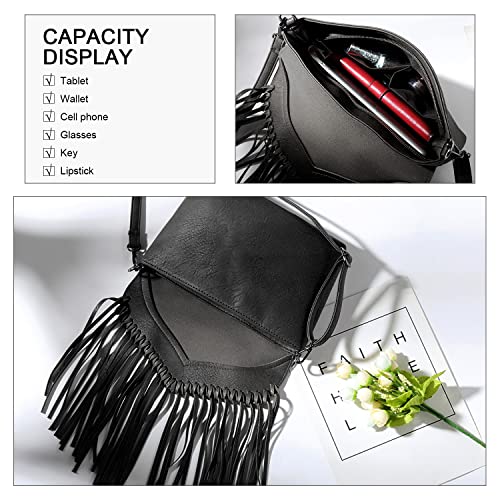 LUI SUI Women PU Leather Hobo Fringe Tassel Cross Body Bag Vintage Shoulder Handbag for Girls