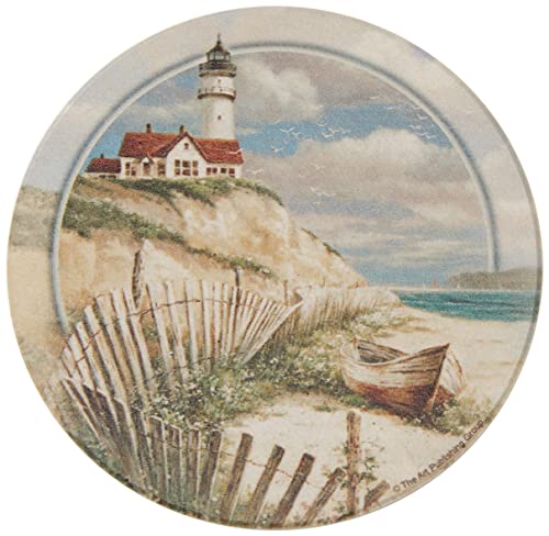 Thirstystone Ceramic Drink Coasters & Coaster Holder, Non-Slip Cork Backing, Drink Absorbent & Protects Table - Beach Lighthouse (Set of 4),Brown,VAG2