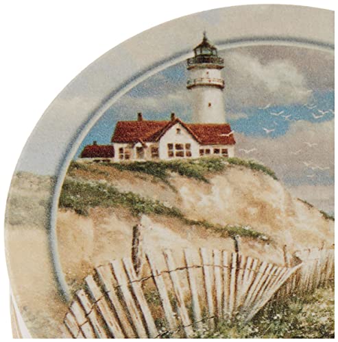 Thirstystone Ceramic Drink Coasters & Coaster Holder, Non-Slip Cork Backing, Drink Absorbent & Protects Table - Beach Lighthouse (Set of 4),Brown,VAG2