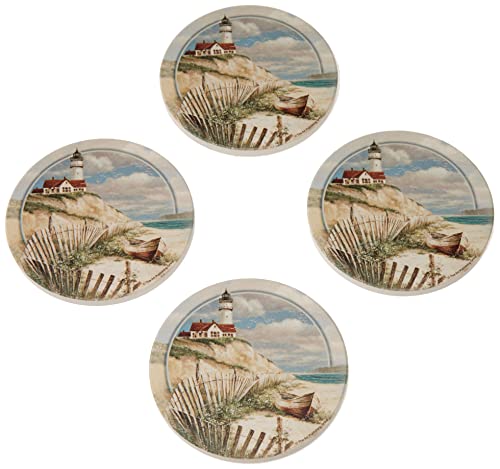 Thirstystone Ceramic Drink Coasters & Coaster Holder, Non-Slip Cork Backing, Drink Absorbent & Protects Table - Beach Lighthouse (Set of 4),Brown,VAG2