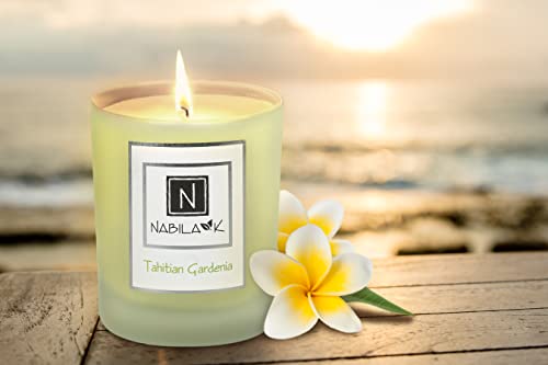 Nabila K Tahitian Gardenia Soy Based Candle with Cotton Wick - Aromatherapy Candle with Essential Oils - Christmas, Birthday Gifts for Home Ambiance Bedroom Decor - 14 oz