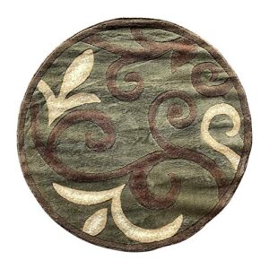 modern round area rug contemporary sage green & brown floral tropical design 525 (4 feet x 4 feet)