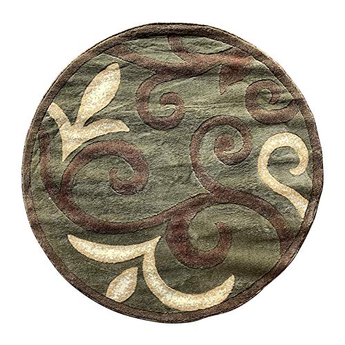 Modern Round Area Rug Contemporary Sage Green & Brown Floral Tropical Design 525 (4 Feet X 4 Feet)