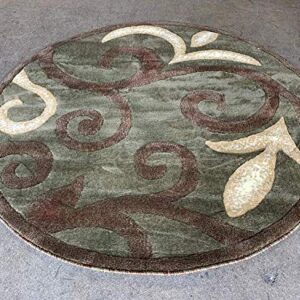 Modern Round Area Rug Contemporary Sage Green & Brown Floral Tropical Design 525 (4 Feet X 4 Feet)