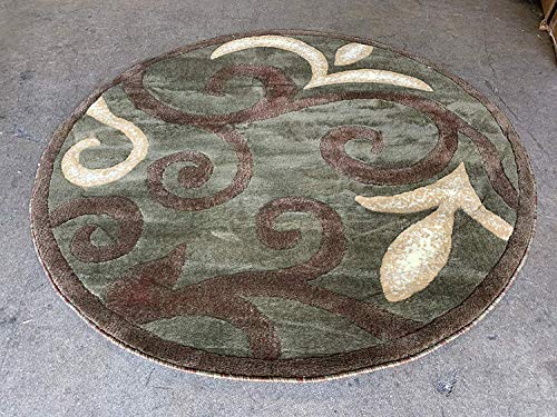 Modern Round Area Rug Contemporary Sage Green & Brown Floral Tropical Design 525 (4 Feet X 4 Feet)