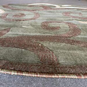 Modern Round Area Rug Contemporary Sage Green & Brown Floral Tropical Design 525 (4 Feet X 4 Feet)