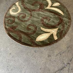 Modern Round Area Rug Contemporary Sage Green & Brown Floral Tropical Design 525 (4 Feet X 4 Feet)