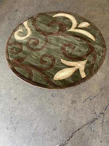 Modern Round Area Rug Contemporary Sage Green & Brown Floral Tropical Design 525 (4 Feet X 4 Feet)