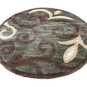 Modern Round Area Rug Contemporary Sage Green & Brown Floral Tropical Design 525 (4 Feet X 4 Feet)