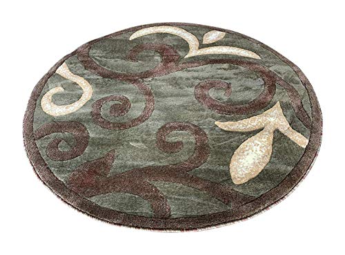 Modern Round Area Rug Contemporary Sage Green & Brown Floral Tropical Design 525 (4 Feet X 4 Feet)