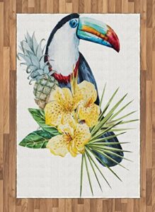 ambesonne tropical animals area rug, toucan bird with exotic hibiscus and orchids flower and palm plants leaf, flat woven accent rug for living room bedroom dining room, 4′ x 5′ 7″, multicolor