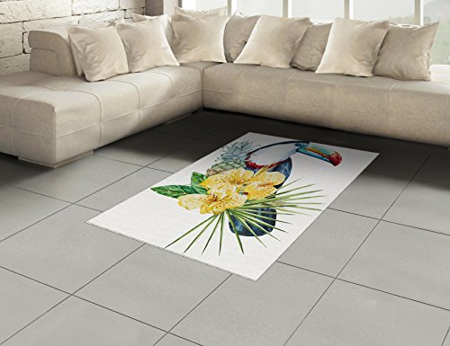 Ambesonne Tropical Animals Area Rug, Toucan Bird with Exotic Hibiscus and Orchids Flower and Palm Plants Leaf, Flat Woven Accent Rug for Living Room Bedroom Dining Room, 4' X 5' 7", Multicolor