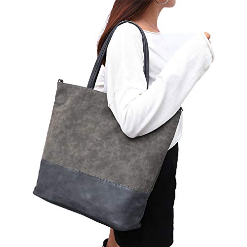 Ayliss Women Tote Shoulder Handbag PU Leather Top Handle Purse Handbag Work Large Suede Shopping Casual School Bag Zipper (Dark grey)