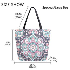 ZzWwR Beautiful Indian Floral Paisley Extra Large Canvas Shoulder Tote Top Handle Bag for Gym Beach Weekender Travel Shopping