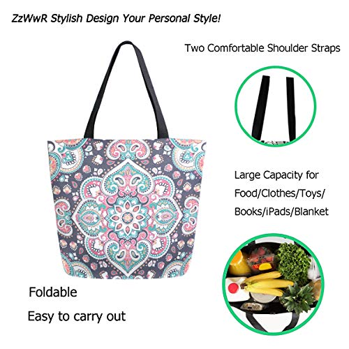 ZzWwR Beautiful Indian Floral Paisley Extra Large Canvas Shoulder Tote Top Handle Bag for Gym Beach Weekender Travel Shopping