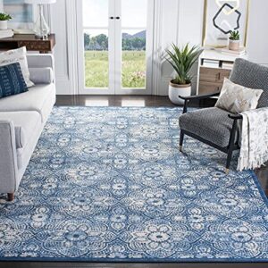 safavieh brentwood collection 9′ x 12′ navy / cream bnt862n floral distressed non-shedding living room bedroom dining home office area rug