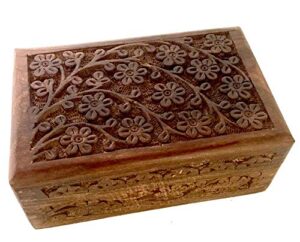 new age imports, inc. gift ideas~ floral carved handmade wooden box 4 inches by 6 inches~ideal for storing jewelry, coins, tartot cards, small treasures, urn box & etc (floral carved 4″x6″)