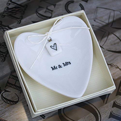 East of India Mr & Mrs Heart-Shaped Ring Dish in Gift Box, Porcelain