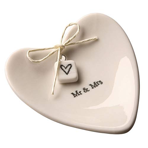 East of India Mr & Mrs Heart-Shaped Ring Dish in Gift Box, Porcelain